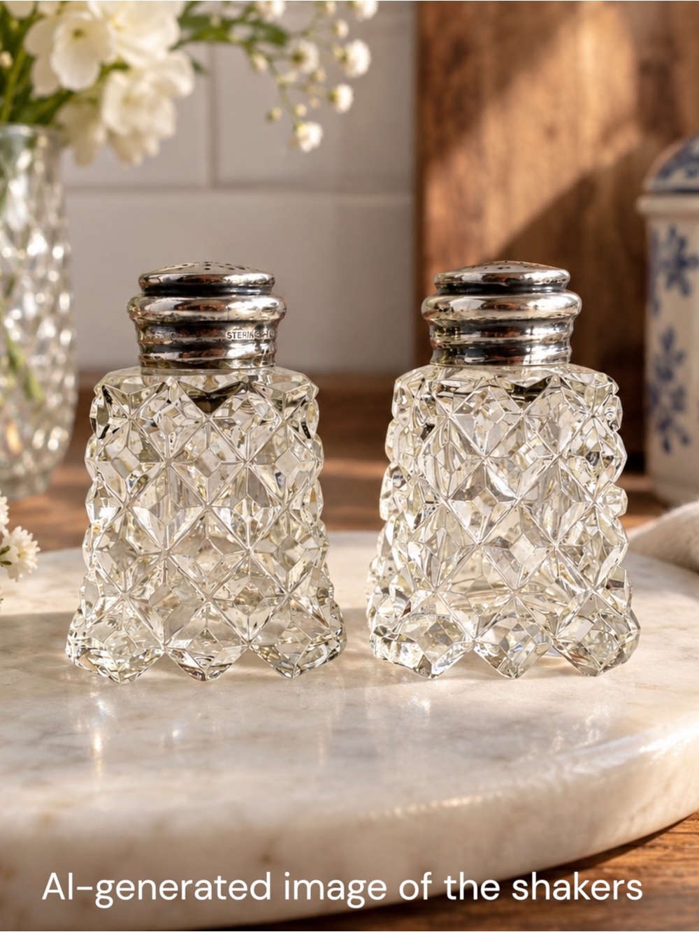 Vintage Crystal + Sterling Silver Salt & Pepper Shakers 2.25” Cottage Decor